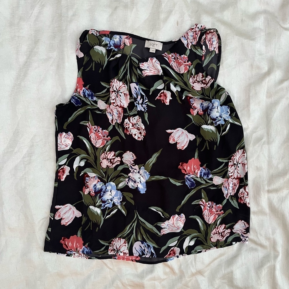 LOFT Navy Blouse with Pink and White Floral Design